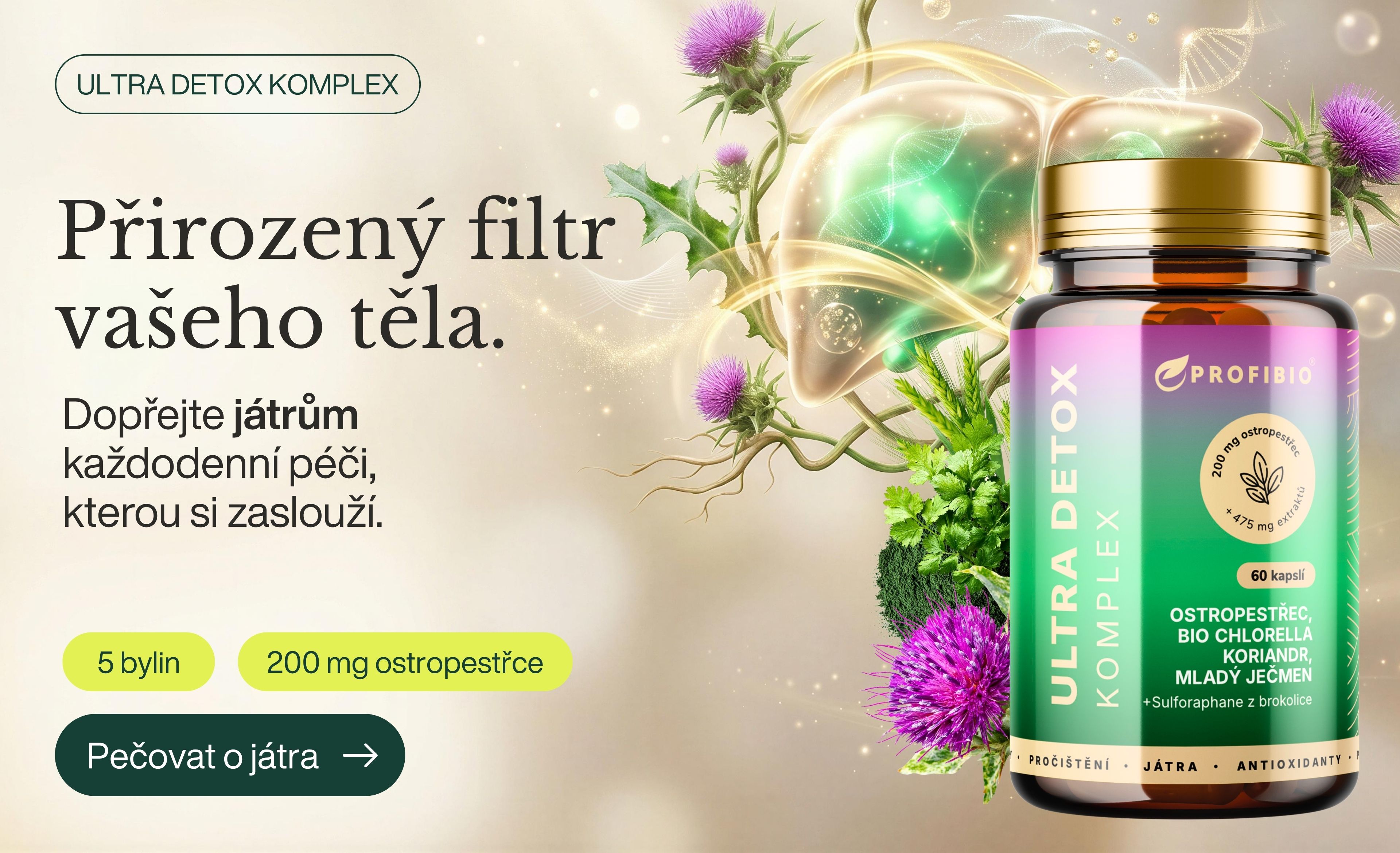 Ostropestřec PREMIUM ULTRA DETOX KOMPLEX + BIO Chlorella, koriandr, mladý ječmen, extrakt z brokolice (Sulforaphane), 60 kapslí